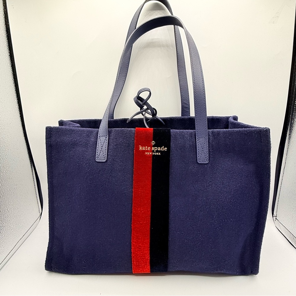 Kate Spade Washington Square Mega Sam Flannel Tote Navy Red Black Stripe.READ